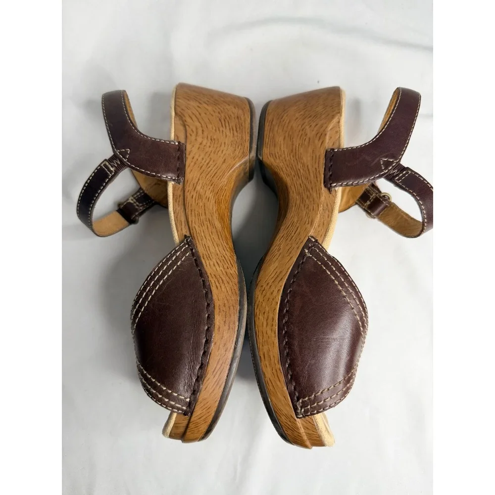 Dansko Womens Sara Brown Leather Wedge Sandals Clogs 37 Comfort Wooden Chunky